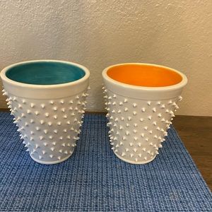 Matching set of wheel thrown pottery spike mugs